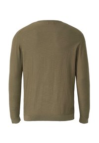 Długo rękawowy sweter w kolorze oliwkowej zieleni z okrągłym dekoltem, wykonany z gładkiego dzianego materiału, widoczny od tyłu.