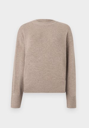 Beige pletený svetr s kulatým výstřihem, manžetami a lemem s žebrováním. Měkká textura a volný střih, vhodný pro každodenní nošení.