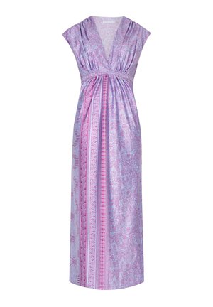 Maxi-jurk met een v-hals, capmouwen, met een paars paisley-patroon en gestreepte accenten in verschillende tinten roze. Zachte textuur.
