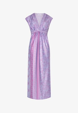 Maksi kleita ar V veida izgriezumu, īsām piedurknēm, violetu paisley rakstu un svītrainiem akcentiem dažādās rozā nokrāsās. Mīksta tekstūra.