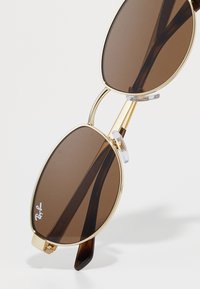 Kuldse äärega Ray-Ban pilootprillid pruunide toonitud läätsede ja läbipaistvate ninapadjadega valgel taustal.