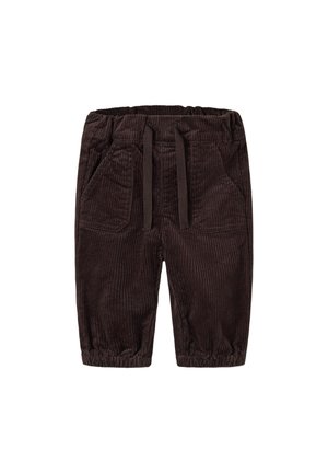 Pantalon en velours côtelé marron foncé pour tout-petits avec taille élastique, cordon de serrage, poches avant et poignets élastiques.