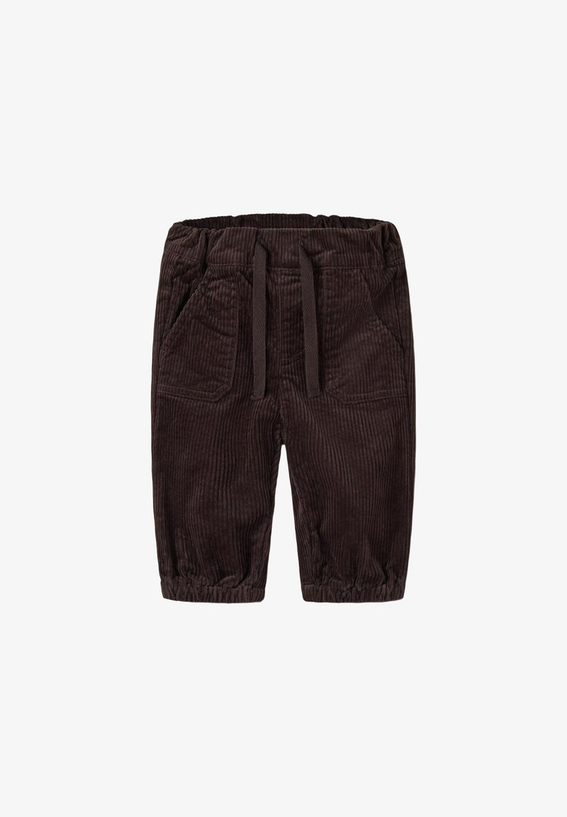 Pantalon en velours côtelé marron foncé pour tout-petits avec taille élastique, cordon de serrage, poches avant et poignets élastiques.