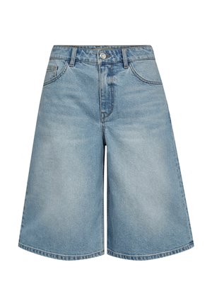 Világoskék farmer térdig érő rövidnadrág elöl gombbal, övbuzikkal és két első zsebbel.