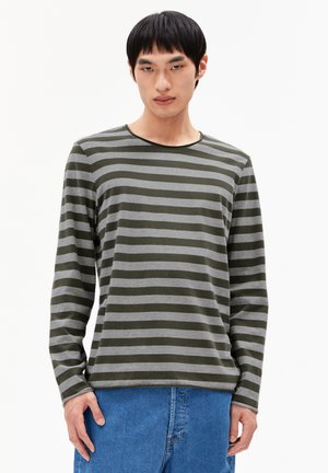 Langarmshirt in dunkelgrün und grauen horizontalen Streifen, aus Baumwolle, mit Rundhalsausschnitt, lockerer Passform, strukturierter Stoff.
