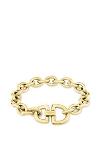 Bracciale in metallo dorato caratterizzato da anelli interconnessi con un moschettone di grandi dimensioni, inciso con "LIEBESKIND BERLIN". Texture liscia e lucente.