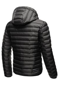Black puffer jacket featuring a hood, quilted design with horizontal stitching, smooth shiny texture, and a logo tag at the bottom hem.