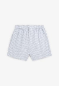 Boxers à carreaux bleu clair avec une taille élastique, présentant un motif en grille et une texture de tissu douce et respirante.