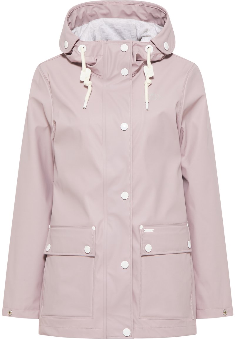 Leicht rosafarbene wasserdichte Jacke mit Kapuze, verstellbaren Kordeln, Druckknöpfen und zwei Fronttaschen. Glatte Textur, lässiges Design.