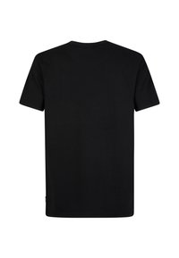 T-shirt nera a maniche corte, scollatura rotonda, realizzata in cotone, con un design semplice senza loghi o motivi visibili.