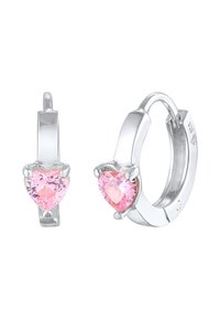 Boucles d'oreilles en argent en forme de cerceau ornées de pierres roses en forme de cœur fixées par des griffes. Fini en métal lisse avec une surface brillante et une fermeture à charnière.