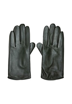 Une paire de gants en cuir noir posée à plat avec les doigts étendus, montrant une texture lisse et des détails de couture sur fond blanc.