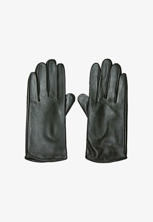 Pair of black leather gloves laid flat with fingers extended, showing smooth texture and stitched detailing on white background.