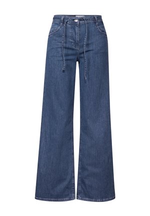 Jean large en denim bleu foncé, avec une taille à cordon, des poches latérales et une texture subtile. Silhouette droite avec des ourlets nets.