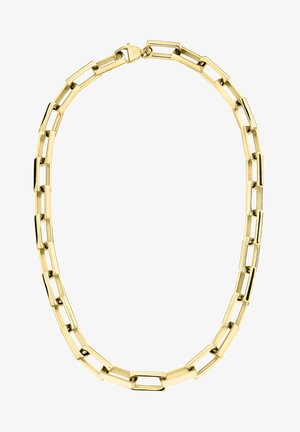 Gold-colored chain necklace featuring rectangular links. The surface has a polished finish, with alternating wide and narrow segments.