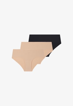 Drei nahtlose Damenunterwäsche in Beige und Schwarz, überlappend auf weißem Hintergrund angeordnet.