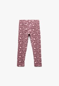 Dopasowane legginsy w kolorze mauve, z powtarzającym się wzorem jasnoróżowych serc w różnych rozmiarach. Wykonane z miękkiego, elastycznego materiału.