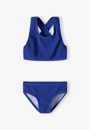 Blue textured bikini set featuring a cross-back top and matching briefs, made from a stretchy material for comfort and fit.