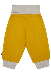 Gelbe Fleece-Hosen mit einem grauen elastischen Bund und Manschetten. Weit geschnittenes Design mit einer weichen Textur und einem verspielten Aussehen.