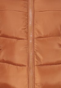 Giacca a vento in arancio ruggine, caratterizzata da una texture liscia e morbida, un motivo a righe verticali e una chiusura centrale con zip.