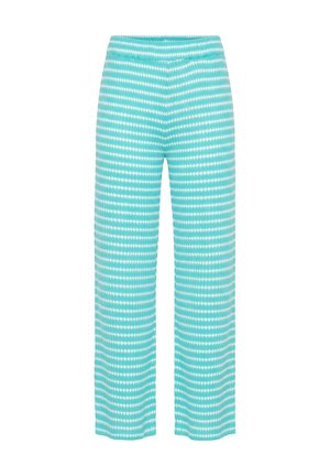 Pantalon large en maille rayée bleu clair et blanc avec taille élastique, présenté de face sur fond blanc uni.