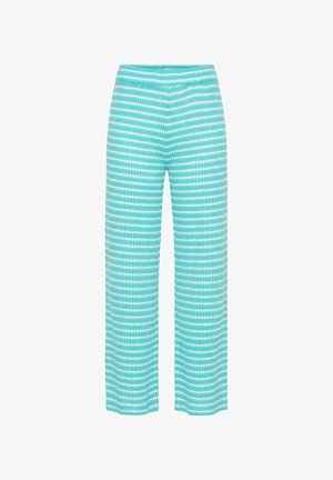 Lichtblauwe en witte gestreepte gebreide wijde broek met elastische tailleband, van voren getoond op een effen witte achtergrond.