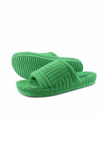 Green plush slippers with a textured fabric upper, open toe, and ridged rubber sole. Cushioned for comfort with a two-strap design.