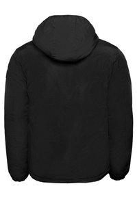 Giacca a vento nera, design con cappuccio, materiale strutturato, polsini elastici, linee pulite, senza marche visibili o accenti sul retro.