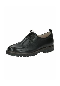 Scarpa in pelle nera con punta arrotondata, cuciture a contrasto, design con lacci e suola robusta per aderenza e durata.