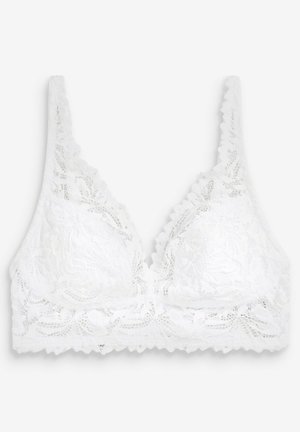 White lace bralette with scalloped edges, triangular cups, and intricate floral patterns. Soft texture, no underwire, adjustable straps.
