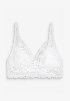 Valge pitsist bralette, millel on lainelised servad, kolmnurksed rinnahoidjad ja keerukad lillemustrid. Pehme tekstuur, ilma tugtraatideta, reguleeritavad rihmad.