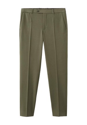 Pantalones ajustados verde oliva con pliegues frontales, bolsillos laterales, pasadores para cinturón, cierre de botón y piernas rectas ajustadas.