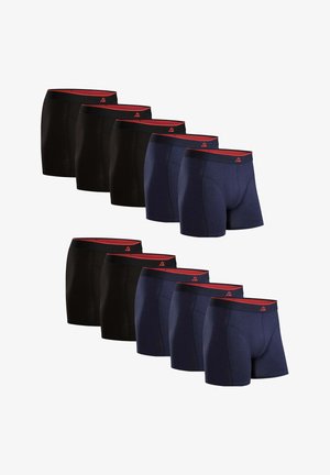 Pakke med ti boxer shorts i sort og marineblå med rød elastik. Har en glat tekstur, elastisk bånd og tætsiddende design for komfort.