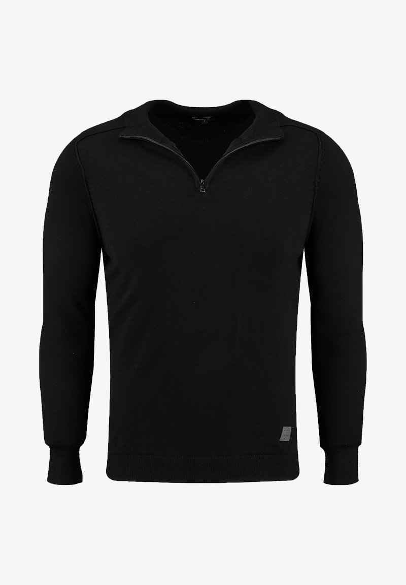 Schwarzer Pullover mit langen Ärmeln und einem Viertel-Reißverschluss am Hals. Hergestellt aus weichem Stoff, mit gerippten Bündchen und Saum, sowie einem kleinen Logodetail am unteren Ende.
