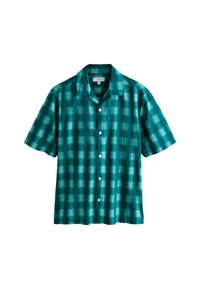 Cămașă cu mânecă scurtă, cu nasturi, în nuanță teal, cu un model scoțian. Realizată dintr-un material ușor, având un guler tip camp și nasturi albi.