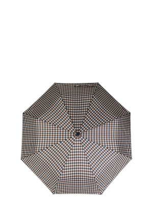 Ombrello a quadri marroni e blu navy con forma ottagonale, superficie in tessuto liscia e un pulsante centrale per aprire e chiudere.