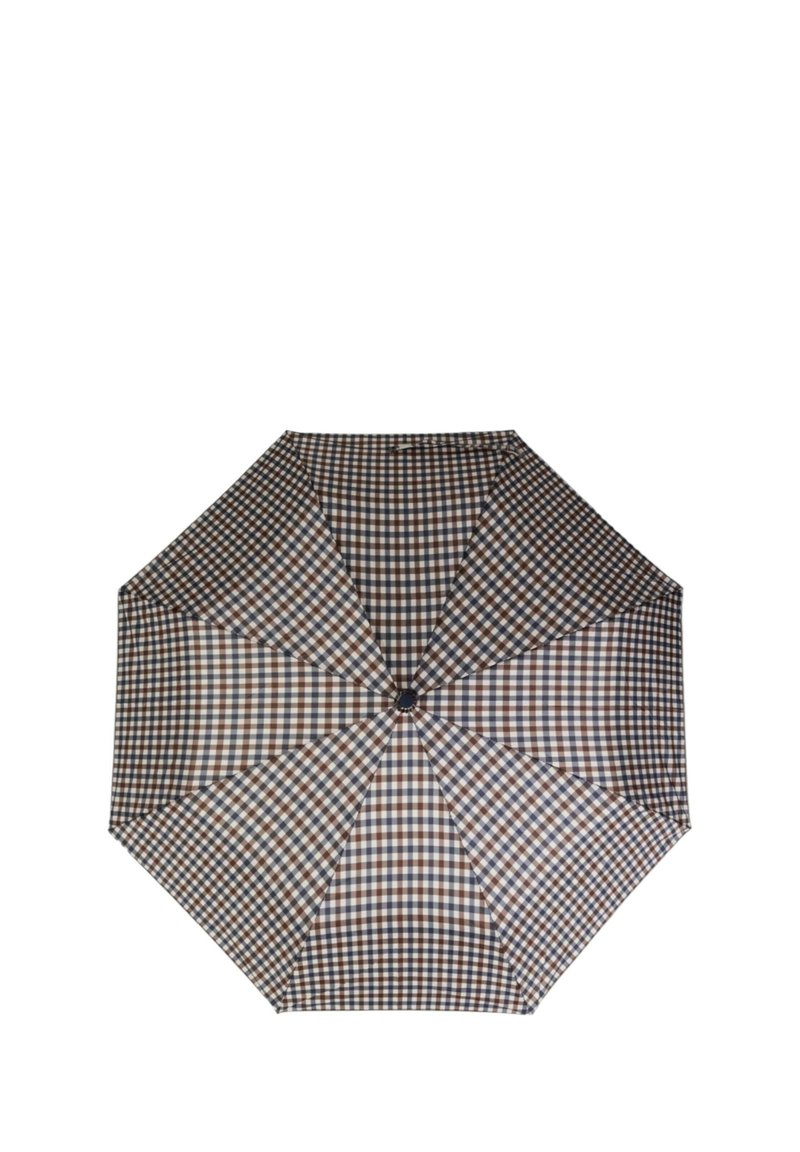 Ombrello a quadri marroni e blu navy con forma ottagonale, superficie in tessuto liscia e un pulsante centrale per aprire e chiudere.
