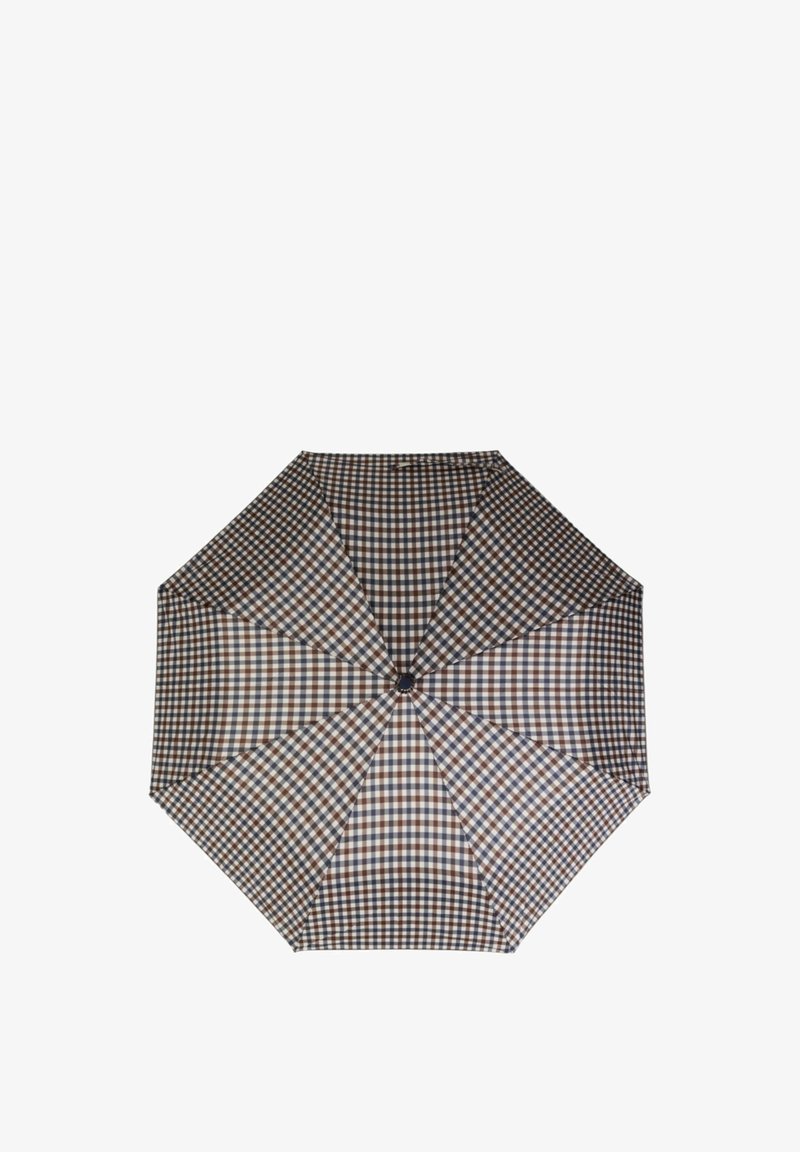 Ombrello a quadri marroni e blu navy con forma ottagonale, superficie in tessuto liscia e un pulsante centrale per aprire e chiudere.