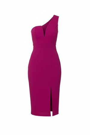 Vestido ajustado magenta hasta la rodilla con una sola tira en el hombro, escote en V profundo y una abertura frontal en el muslo.