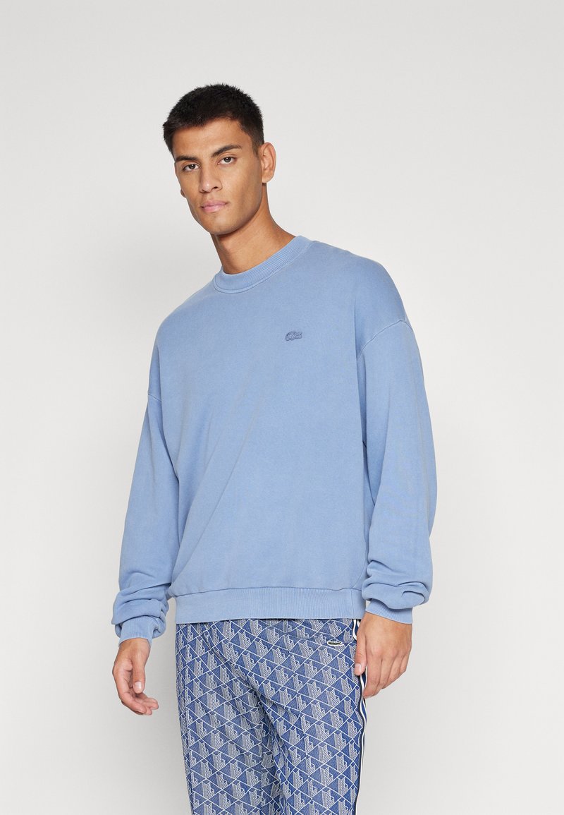 Sudadera azul claro con cuello redondo y mangas largas, que presenta un pequeño logo bordado en el pecho. Tejido suave y corte relajado.