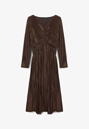 Błyszcząca brązowa sukienka z długimi rękawami i dekoltem w serek. Posiada skręcony detal na gorsecie oraz rozkloszowaną spódnicę z teksturą i fałdami.