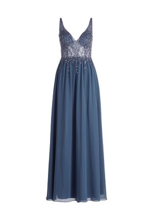 A long blue chiffon gown with a v-neckline, embellished bodice featuring intricate beadwork, and flowing skirt for a delicate silhouette.