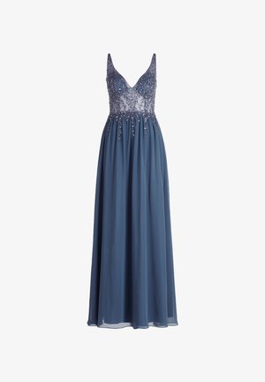 A long blue chiffon gown with a v-neckline, embellished bodice featuring intricate beadwork, and flowing skirt for a delicate silhouette.