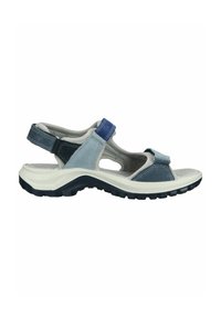 Sandalia cómoda en tonos de azul con parte superior de cuero, dos correas ajustables y una suela de goma texturizada y ligera para mayor tracción.