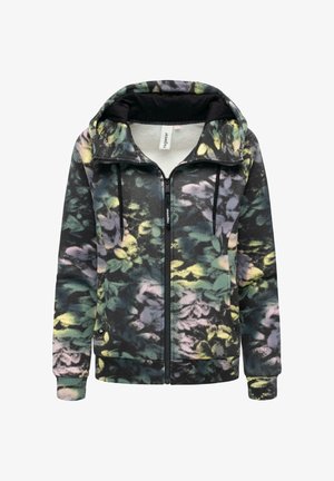 Giacca con cappuccio e chiusura a zip, caratterizzata da un motivo floreale multicolore su sfondo nero, texture morbida e polsini a coste.