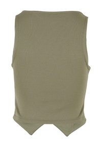 Veste sans manches vert olive avec un décolleté droit, un dos simple et un ourlet pointu au centre du bas.