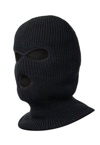 Black knitted balaclava with eye and mouth openings, featuring a ribbed texture and seamless design for warmth and coverage.