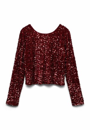 Sarkans garām piedurknēm tops, noklāts ar spīdīgām pērlītēm, ar apaļu kakla izgriezumu un kroplu dizainu, ar teksturētu un spīdīgu virsmu.