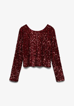 Rdeč dolg rokav s krznom prekritega vrhnjega dela, okrogel izrez in skrajšan dizajn, z teksturirano in sijočo površino.