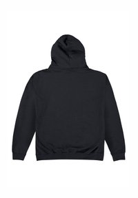 Felpa nera con cappuccio regolabile, maniche lunghe, polsini e vita a coste. Tessuto liscio con la parte posteriore semplice, senza loghi o motivi visibili.